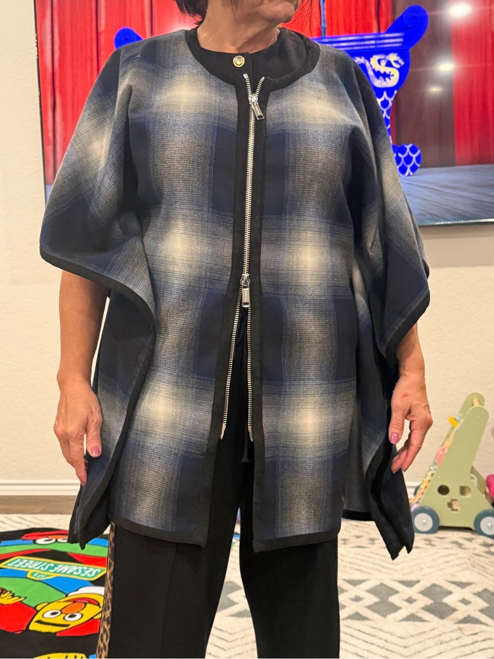 Michael Kors Blue and Black Plaid Zip-Front Poncho